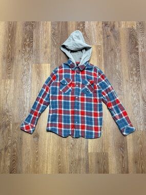 DC Red and Blue Plaid Hooded Shirt with Gray Hood